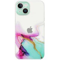 Transparentní kryt s mramorovým vzorem pro iPhone 14 - růžovotyrkysový