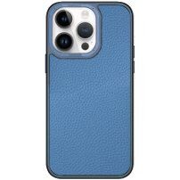 Kožený kryt s pokoveným rámečkem pro iPhone 13 Pro - modrý