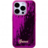 Guess Sequin Script Logo kryt s flitry pro iPhone 15 Pro - fuchsiový