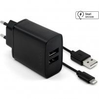 FIXED síťová nabíječka 15W 2xUSB s USB-A / Lightning kabelem - MFi pro iPhone / iPad - černá