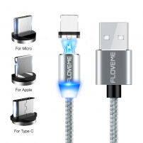 FLOVEME Round magnetický kabel USB-A / USB-C / Micro USB / Lightning pro iPhone / iPad / iPod / AirPods - 1 m - stříbrná