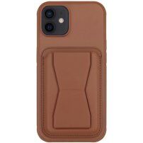 Kožený kryt s kapsou na karty a výklopným stojánkem pro iPhone 11 - hnědý