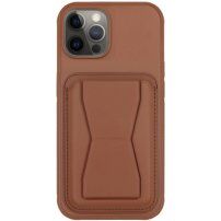 Kožený kryt s kapsou na karty a výklopným stojánkem pro iPhone 11 Pro - hnědý