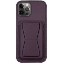 Kožený kryt s kapsou na karty a výklopným stojánkem pro iPhone 11 Pro - tmavě fialový