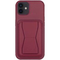Kožený kryt s kapsou na karty a výklopným stojánkem pro iPhone 12 / 12 Pro - vínový