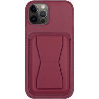 Kožený kryt s kapsou na karty a výklopným stojánkem pro iPhone 12 Pro Max - vínový
