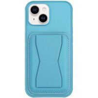 Kožený kryt s kapsou na karty a výklopným stojánkem pro iPhone 13 - modrý