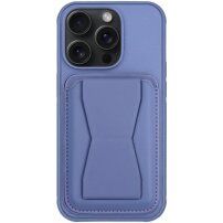 Kožený kryt s kapsou na karty a výklopným stojánkem pro iPhone 13 Pro - fialový