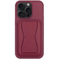 Kožený kryt s kapsou na karty a výklopným stojánkem pro iPhone 13 Pro - vínový