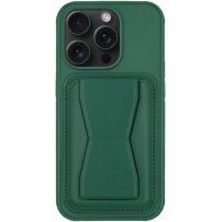 Kožený kryt s kapsou na karty a výklopným stojánkem pro iPhone 13 Pro - tmavě zelený
