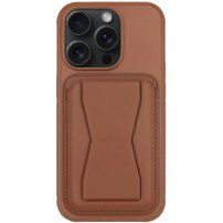 Kožený kryt s kapsou na karty a výklopným stojánkem pro iPhone 13 Pro Max - hnědý