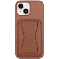 Kožený kryt s kapsou na karty a výklopným stojánkem pro iPhone 14 - hnědý