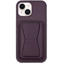 Kožený kryt s kapsou na karty a výklopným stojánkem pro iPhone 14 - tmavě fialový