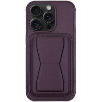 Kožený kryt s kapsou na karty a výklopným stojánkem pro iPhone 14 Pro Max - tmavě fialový
