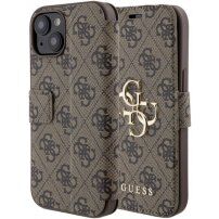 Guess 4G Metal Logo flipové pouzdro pro iPhone 15 - hnědé