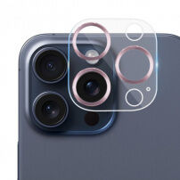 Tvrzené sklo s kovovými rámečky k ochraně čoček fotoaparátu pro iPhone 15 Pro / 15 Pro Max - růžové