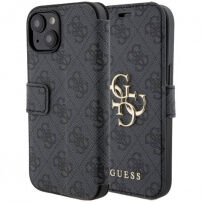 Guess 4G Metal Logo flipové pouzdro pro iPhone 15 Plus - šedé