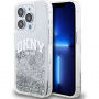 DKNY Liquid Glitter Arch Logo kryt pro iPhone 14 Pro Max - stříbrný