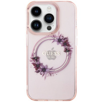 Guess Flowers Ring Glossy Logo kryt s MagSafe pro iPhone 16 Pro Max - růžový