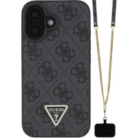 Guess 4G Strass Triangle Metal Logo kryt s popruhem pro iPhone 16 - šedý