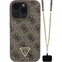Guess 4G Strass Triangle Metal Logo kryt s popruhem pro iPhone 16 Pro Max - hnědý