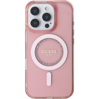 Guess IML Rhinestones Ring kryt s MagSafe pro iPhone 16 Pro Max - růžový