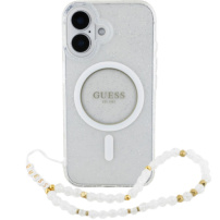 Guess IML Glitter Beads Strap kryt s poutkem a MagSafe pro iPhone 16 - stříbrný
