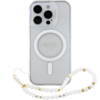 Guess IML Glitter Beads Strap kryt s poutkem a MagSafe pro iPhone 16 Pro Max - stříbrný