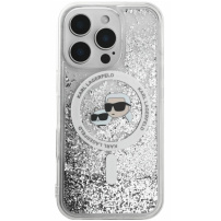 Karl Lagerfeld Liquid Glitter Karl and Choupette Heads kryt s MagSafe pro iPhone 16 Pro - stříbrný