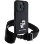 Karl Lagerfeld Saffiano Crossbody Metal Karl and Choupette kryt s nastavitelným popruhem pro iPhone 16 Pro - černý