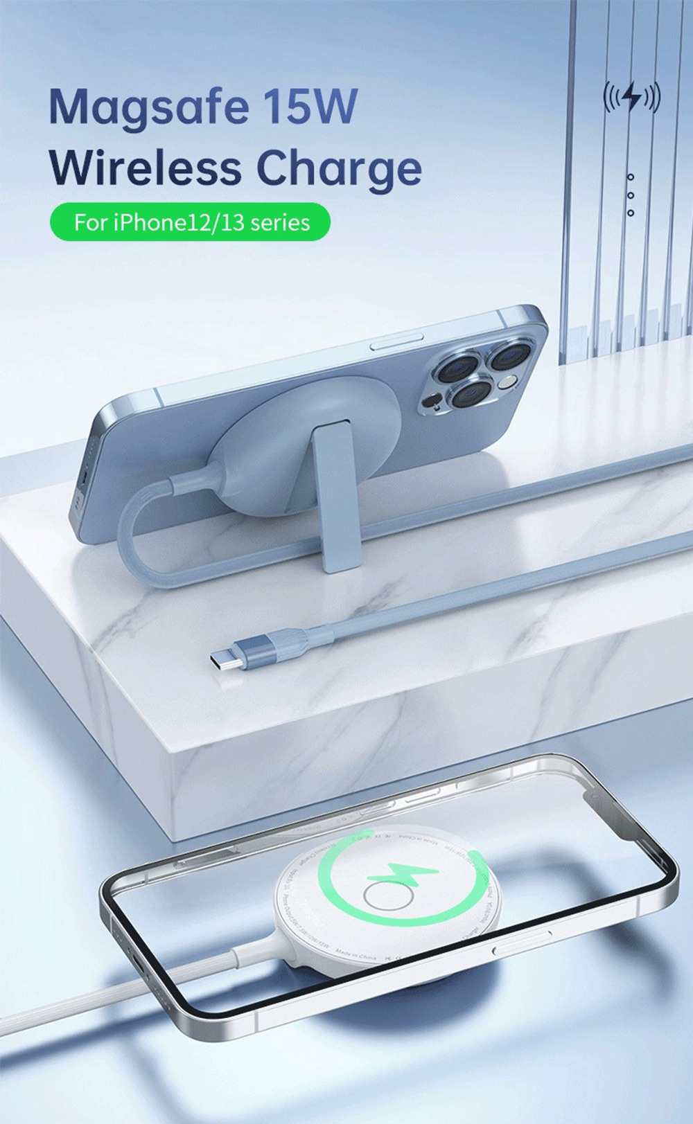 LFX-181 bezdrátová MagSafe nabíječka s výklopným stojánkem pro iPhone / AirPods - 15W - modrá