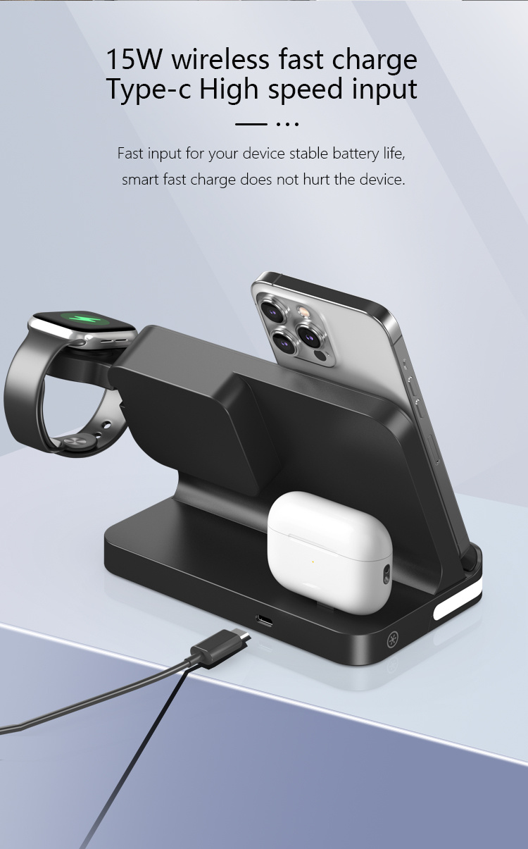 B-22 4v1 bezdrátový stojánek s hodinami pro iPhone / Apple Watch a Lightning konektorem pro AirPods - 15W - černý B-22 4v1 bezdrátový stojánek s hodinami pro iPhone / Apple Watch a Lightning konektorem pro AirPods - 15W - černý