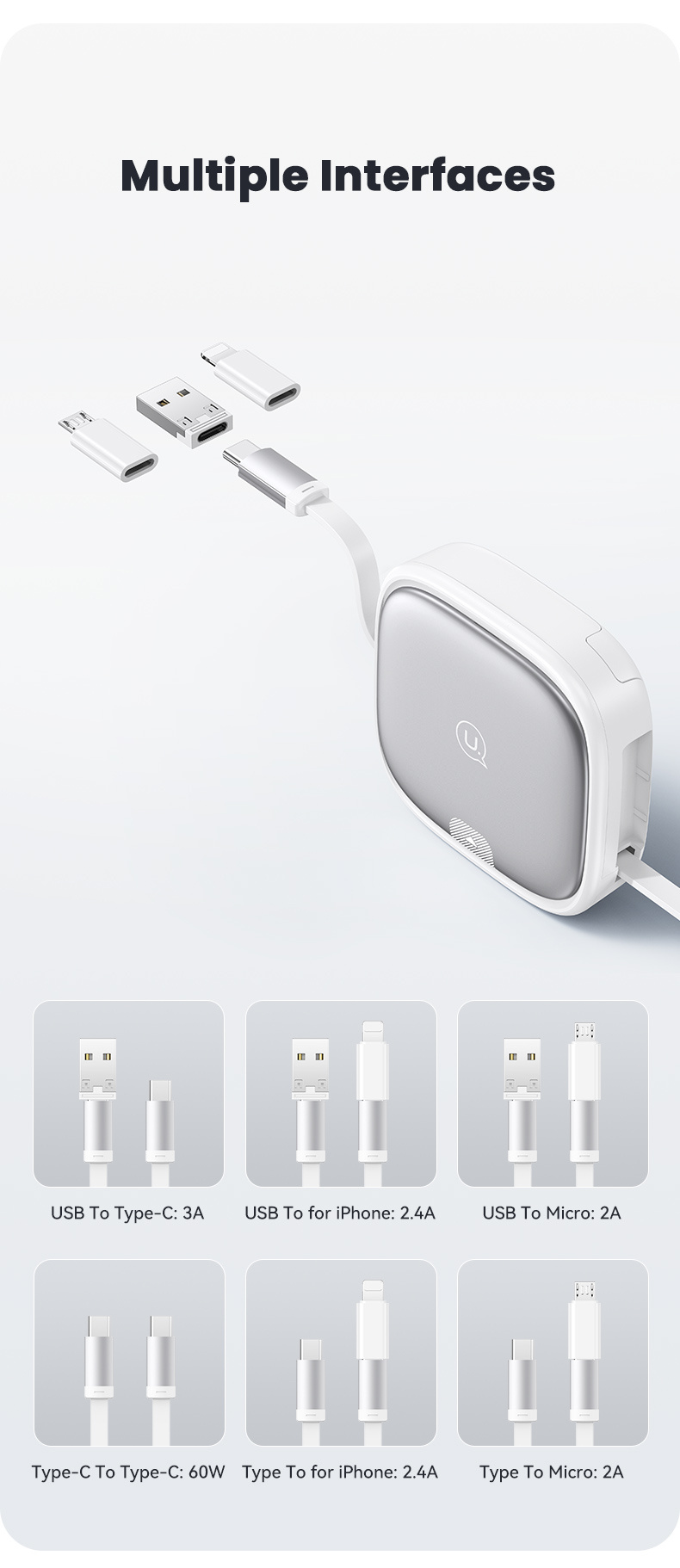USAMS US-SJ650 sada s výsuvnými kabely USB-C, redukcemi a jehlou - fialová