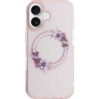 Guess Flowers Ring Glossy Logo kryt s MagSafe pro iPhone 16 - růžový