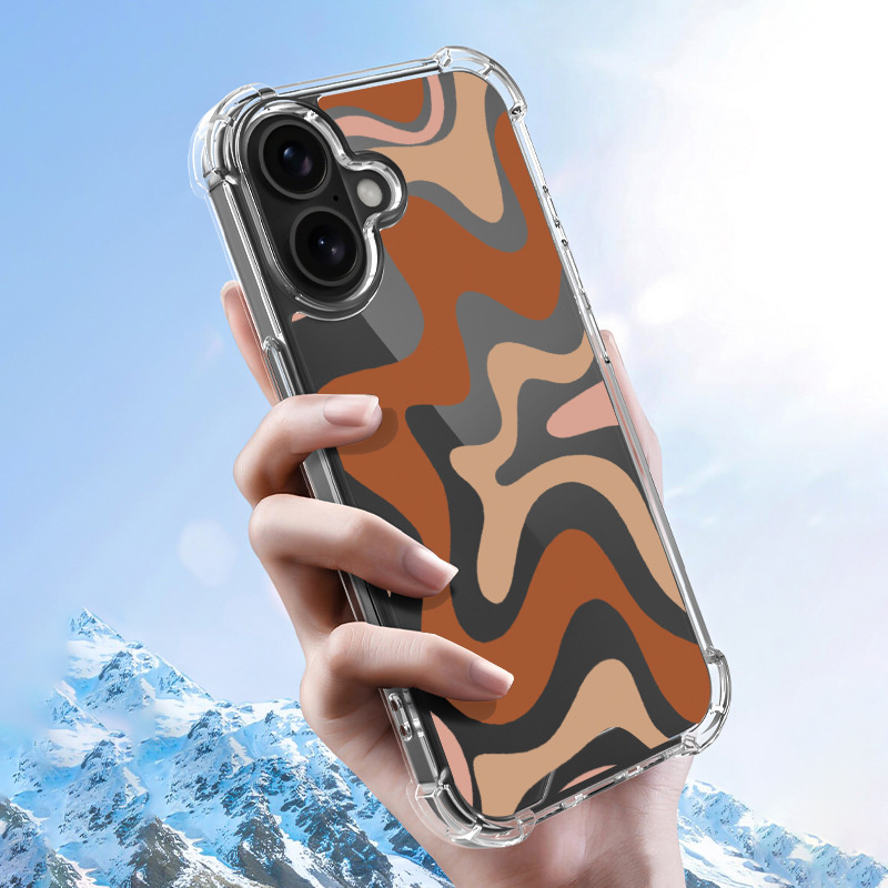 Kryt se vzorem abstraktních vln a zesílenými rohy pro iPhone 16 - hnědý