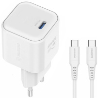 Swissten GaN sada adaptéru s portem USB-C a kabelu USB-C na USB-C - 20W - 1,2 m - bílá