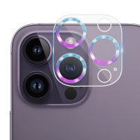 Tvrzené sklo s kovovými rámečky k ochraně čoček fotoaparátu pro iPhone 14 Pro / 14 Pro Max - duhové