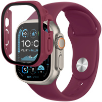 Silikonový řemínek s pouzdrem s tvrzeným sklem pro Apple Watch Ultra 49mm - vínový