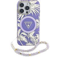Guess IML Palm Trees Triangle Logo Pearl Strap kryt s poutkem a MagSafe pro iPhone 16 Pro - fialový