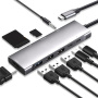 YME68 9v1 hub - slot na SD / TF kartu / HDMI / 3,5 mm jack / 2x USB-C / 3x USB-A na USB-C pro MacBook - šedý
