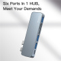 Yesido HB10 6v1 hub - slot na SD / TF kartu / USB-C / 3x USB-A na 2x USB-C pro MacBook - šedý