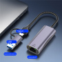 T30B 2v1 ethernet redukce - RJ45 na USB-C / USB-A - šedá