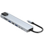 BYL-2017L 8v1 hub - slot na SD / TF kartu / RJ45 / HDMI / 2x USB-C / 2x USB-A na USB-C - šedý