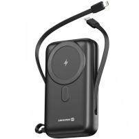 Swissten bezdrátová MagSafe powerbanka s integrovanými kabely USB-C a Lightning a portem USB-A - 20 000 mAh - černá