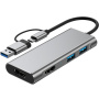 4v1 hub - 2x HDMI / USB-A 2.0 / USB-A 3.0 na USB-C / USB-A - šedý