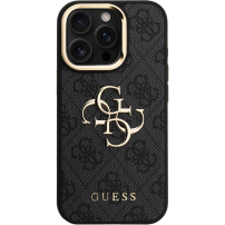 Guess 4G Metal Logo kryt s výklopným stojánkem pro iPhone 15 Pro - šedý