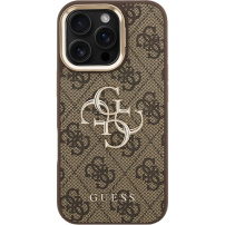 Guess 4G Metal Logo kryt s výklopným stojánkem pro iPhone 16 Pro - hnědý
