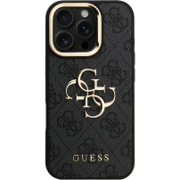 Guess 4G Metal Logo kryt s výklopným stojánkem pro iPhone 16 Pro Max - šedý