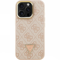 Guess 4G Strass Triangle Logo kryt s výklopným stojánkem a MagSafe pro iPhone 15 Pro Max - růžový