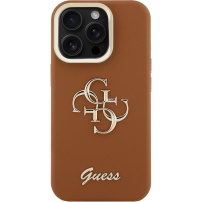 Guess Grained 4G Logo kryt s výklopným stojánkem pro iPhone 15 Pro - hnědý